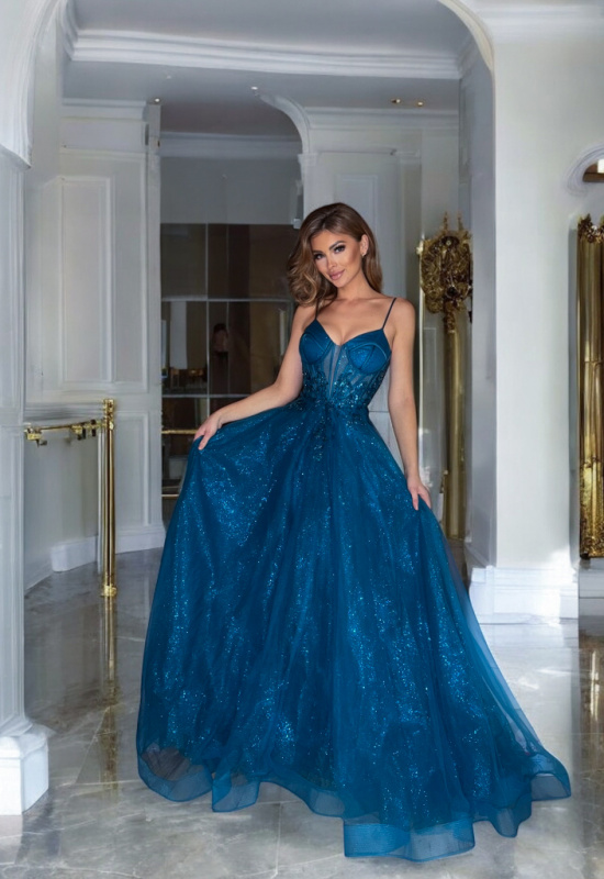 PETROLEJOVÉ LUXUSNÉ TYLOVÉ SPOLOČENSKÉ ŠATY PARADISE 