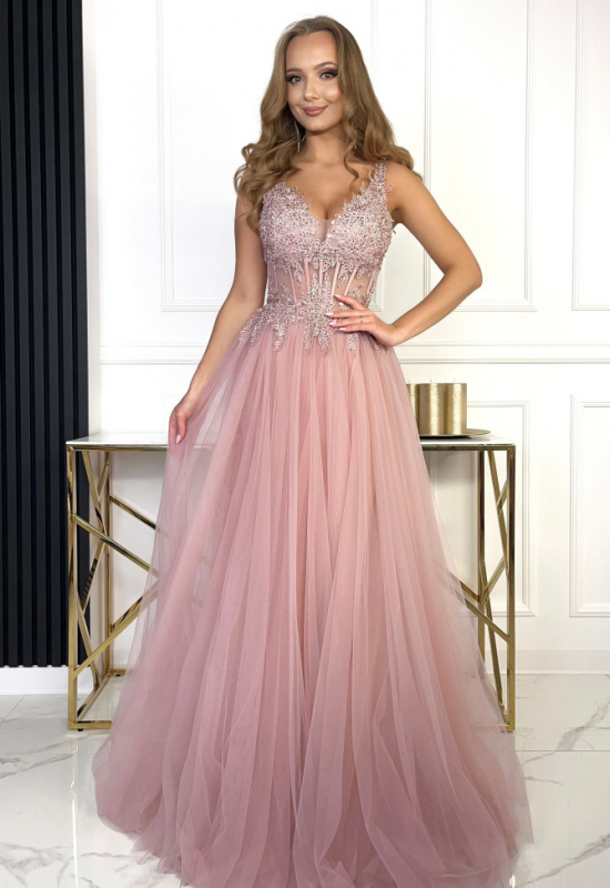 STARORUŽOVÉ SPOLOČENSKÉ ŠATY S TYLOVOU SUKŇOU  