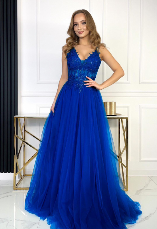 MODRÉ SPOLOČENSKÉ ŠATY S TYLOVOU SUKŇOU  