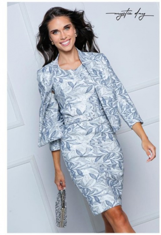 DÁMSKY ŽAKARTOVÝ KOSTÝM SO MODROSTRIEBORNÝM PREŠÍVANÍM JAKARD 