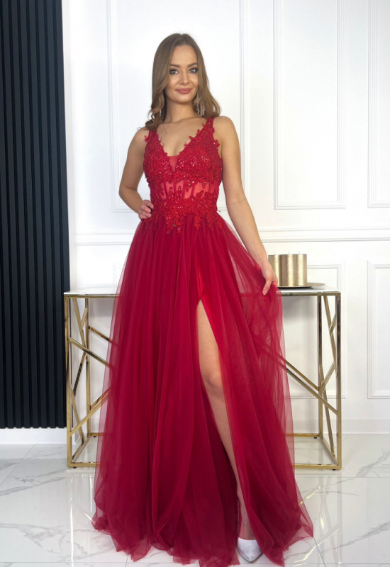 VÍNOVO ČERVENÉ SPOLOČENSKÉ ŠATY S TYLOVOU SUKŇOU  