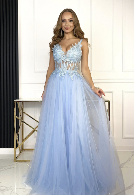 SVETLOMODRÉ SPOLOČENSKÉ ŠATY S TYLOVOU SUKŇOU  