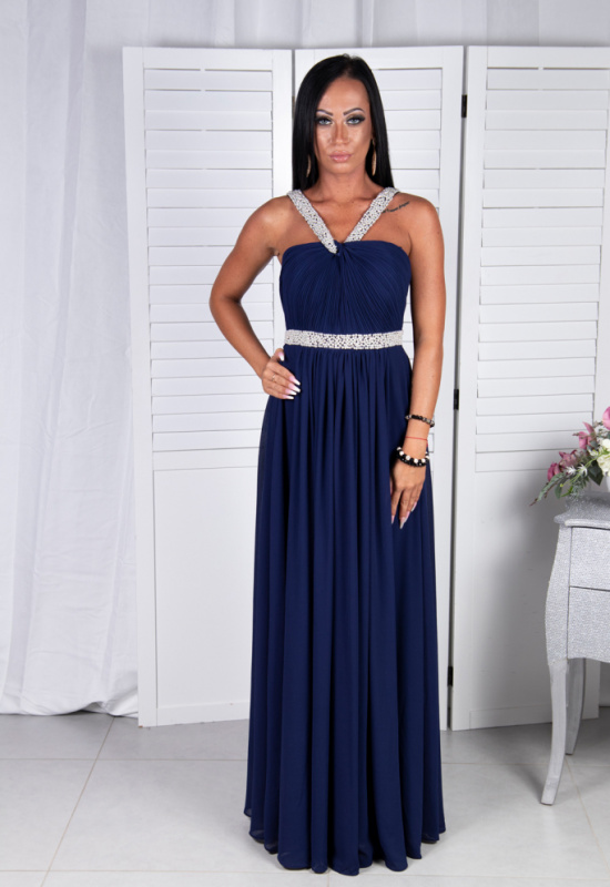 DLHÉ TMAVOMODRÉ SPOLOČENSKÉ ŠATY S PREKRÍŽENÝMI RAMIENKAMI